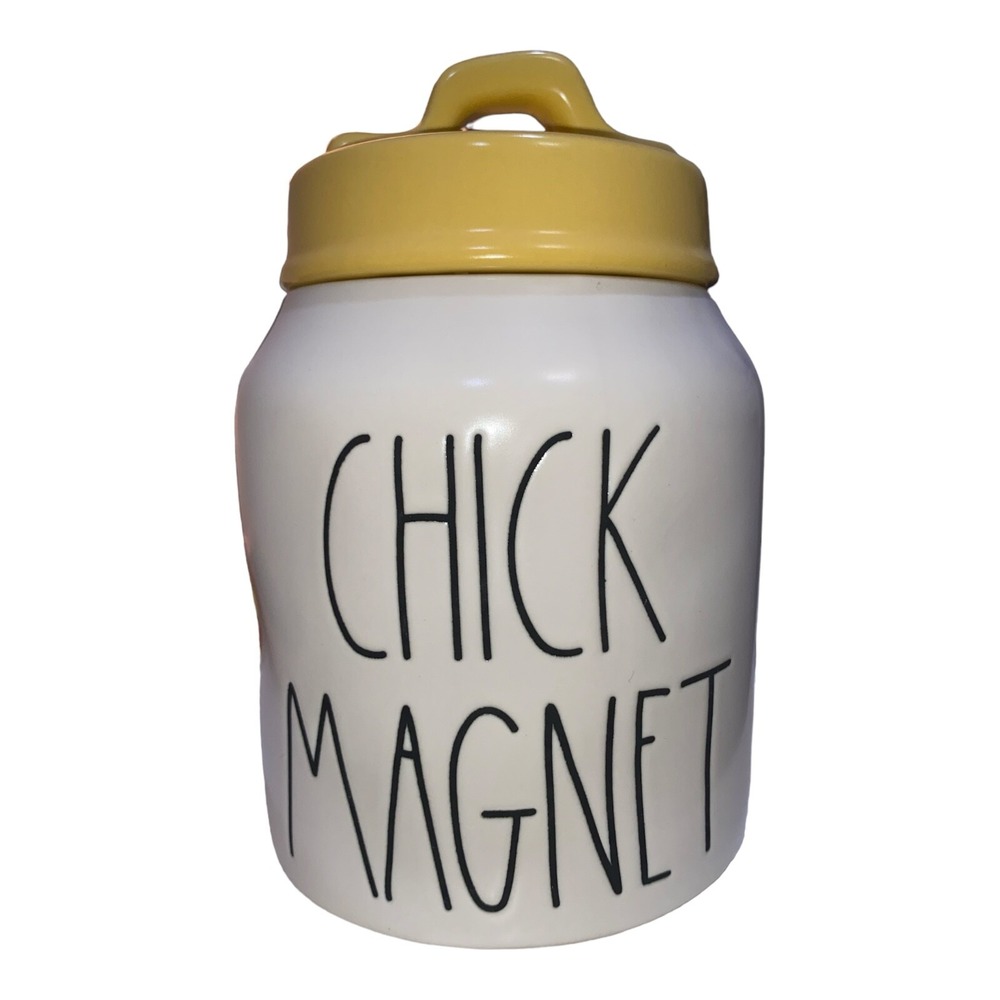 RAE DUNN Ceramic 6.75" CHICK MAGNET White Canister with Yellow‎ Lid